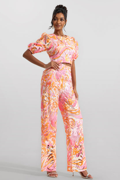 Lace Round Neck Mid Sleeve Top & Hight Waist Pants