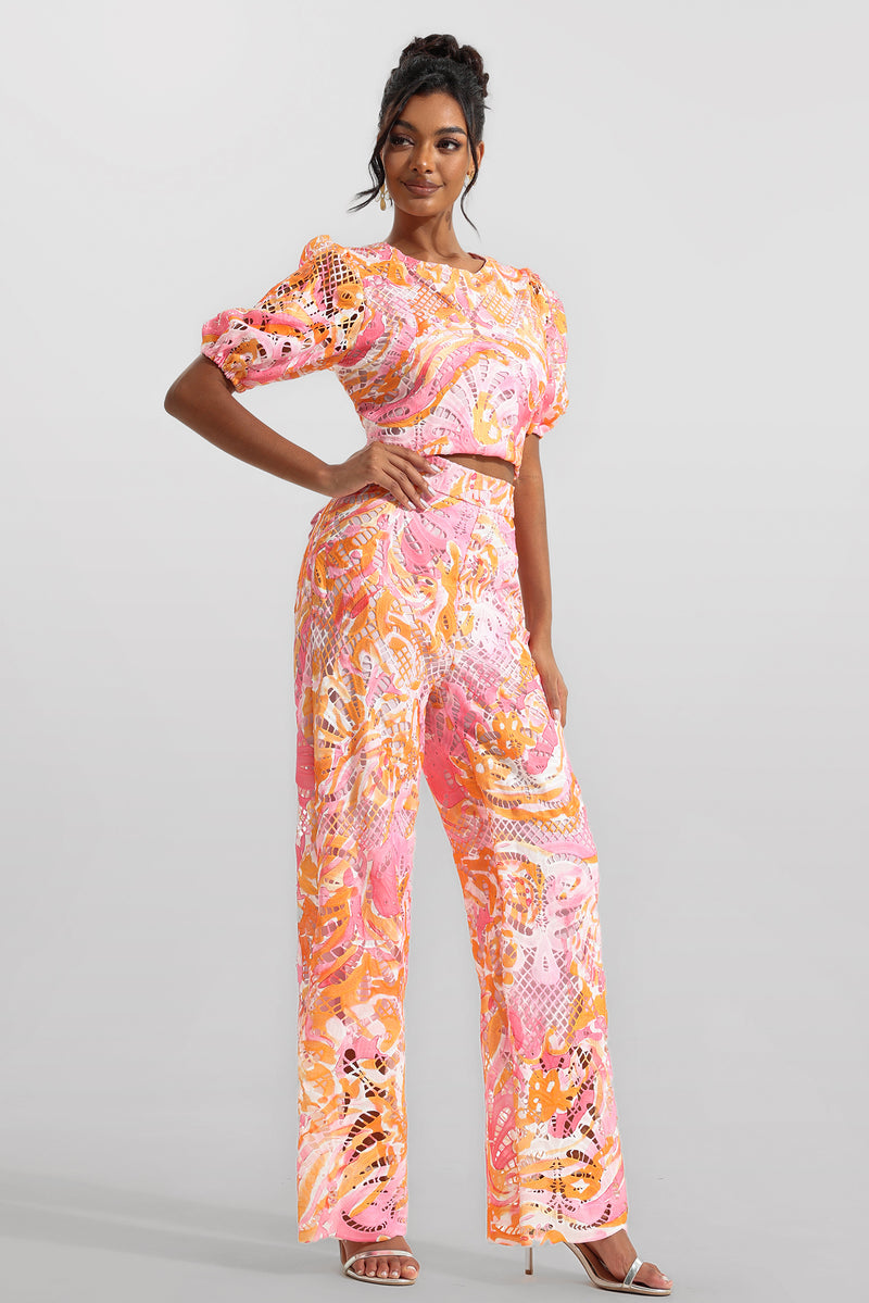 Lace Round Neck Mid Sleeve Top & Hight Waist Pants