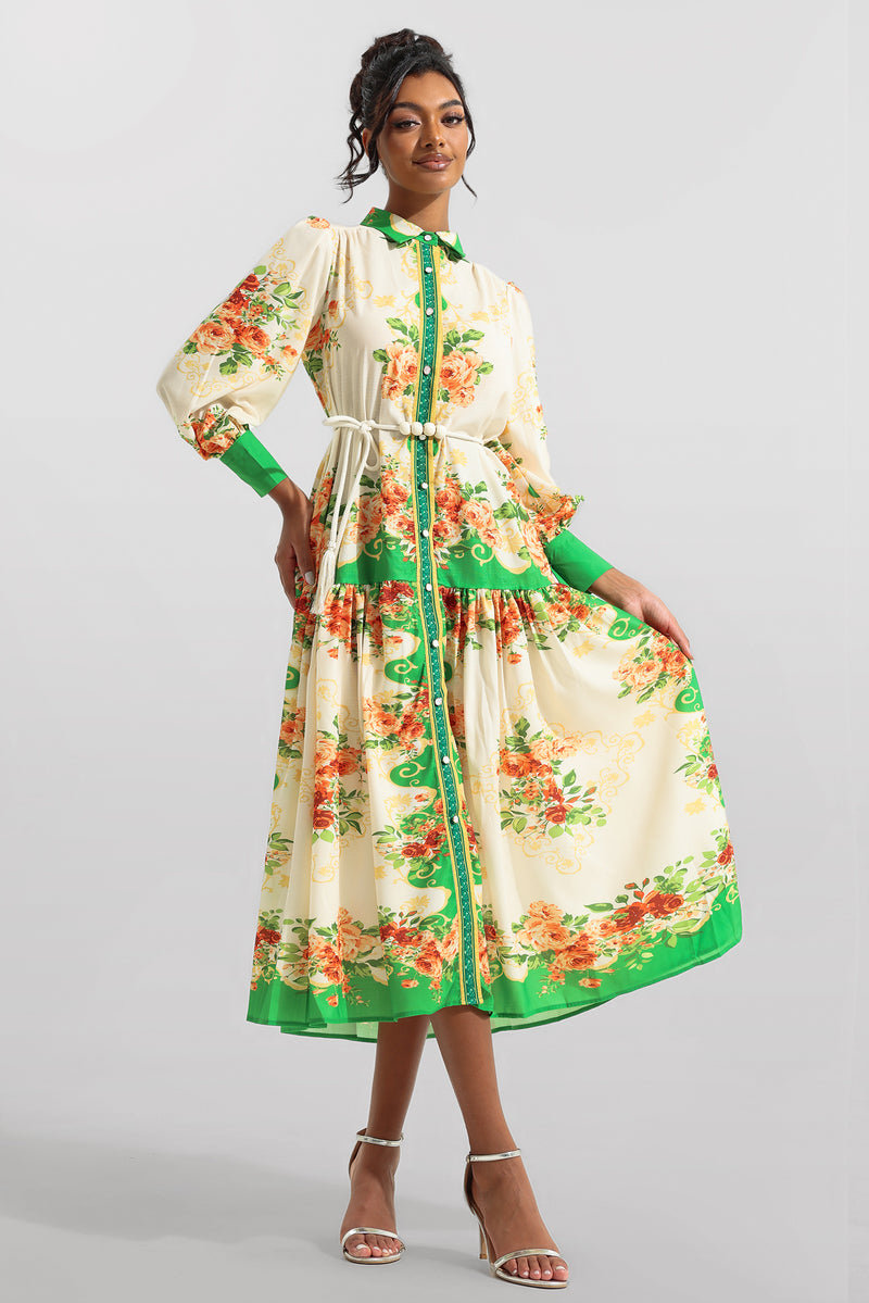 Lantern Sleeve Bottom Midi Dress With Belt