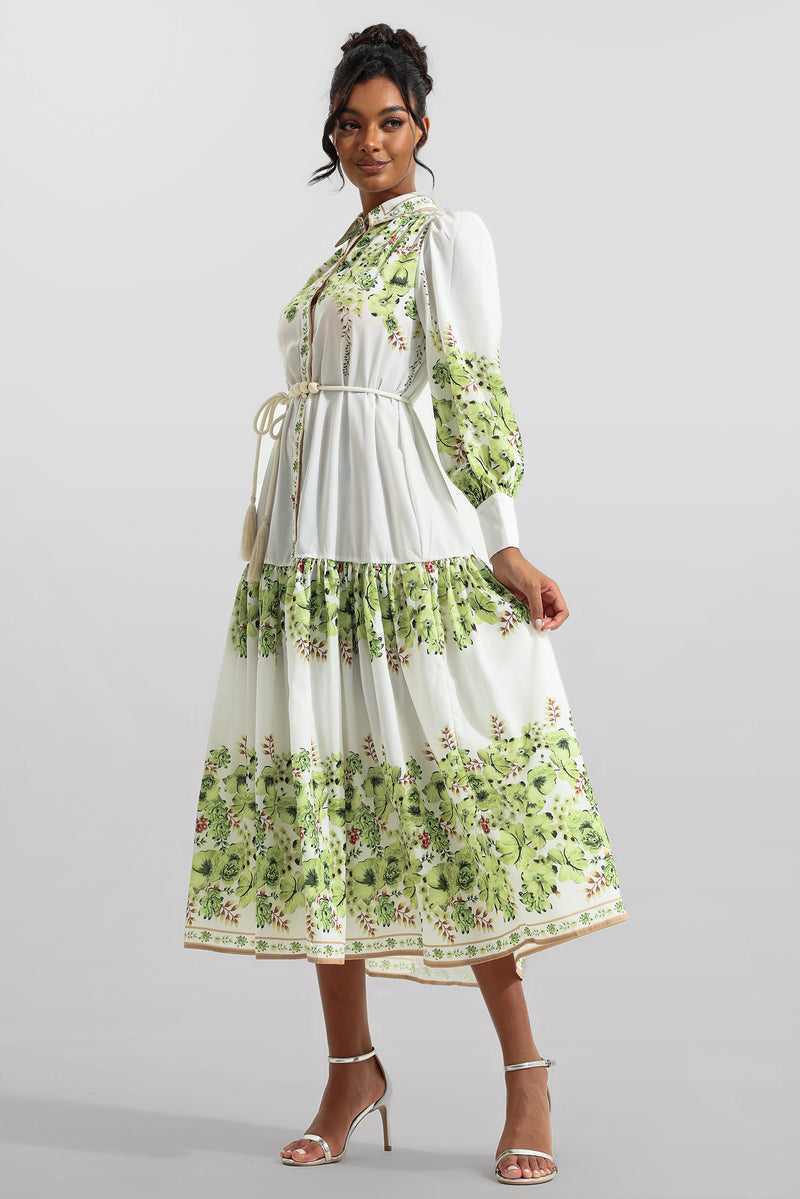 Lantern Sleeve Bottom Midi Dress With Belt
