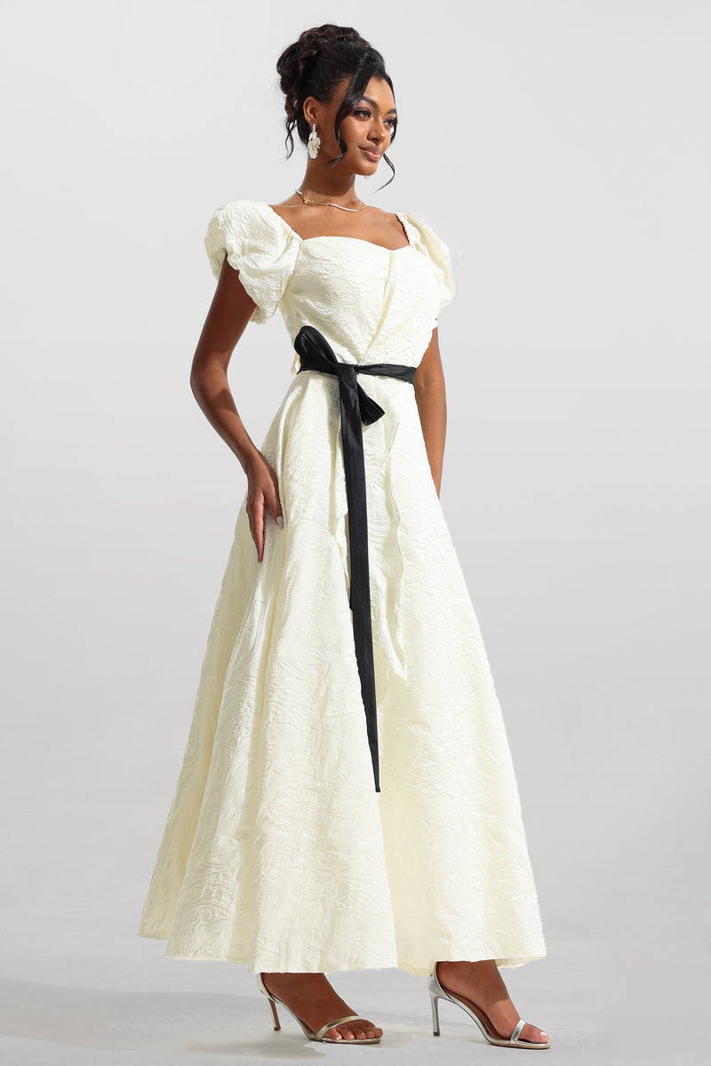 Jacquard Puff Sleeve Midi Dress