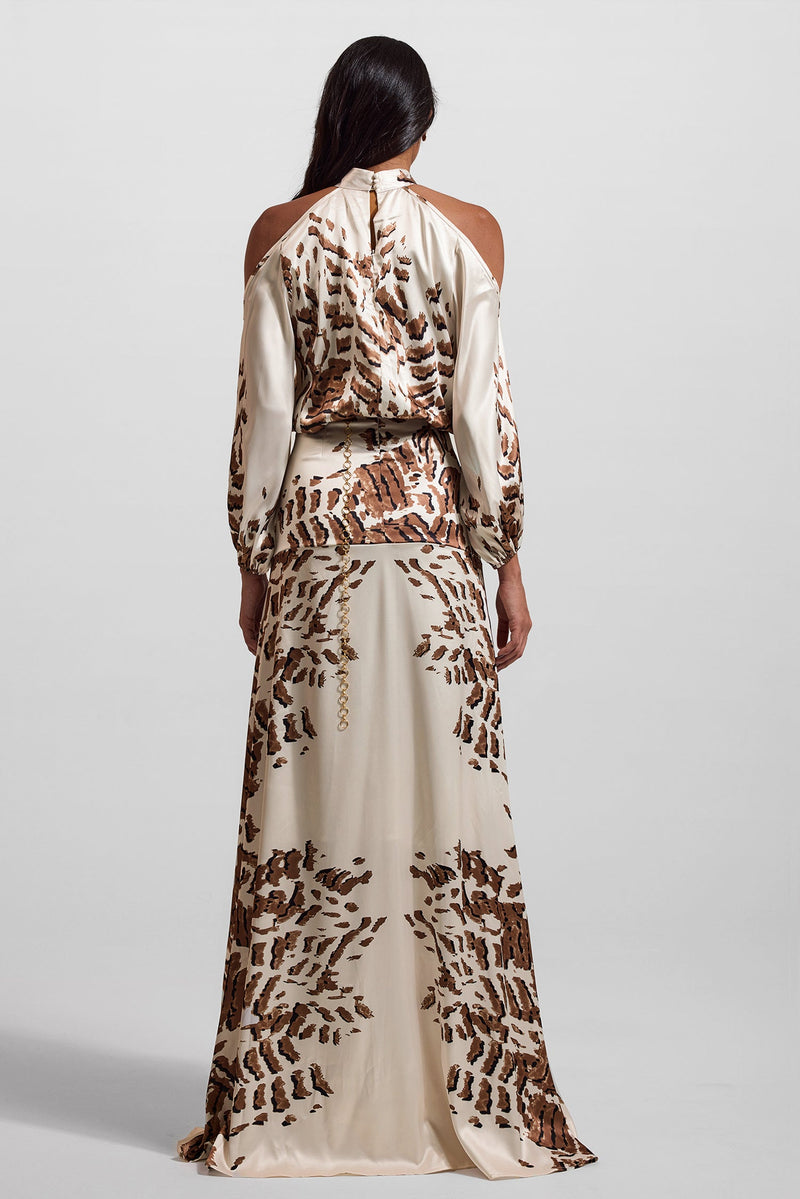 Abstract Print Cut-out Puff Sleeve Maxi Dress