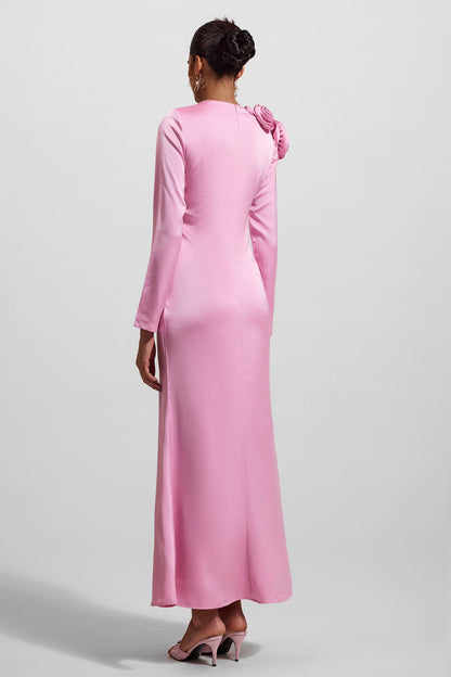 3d Satin Long Sleeve Midi Dress