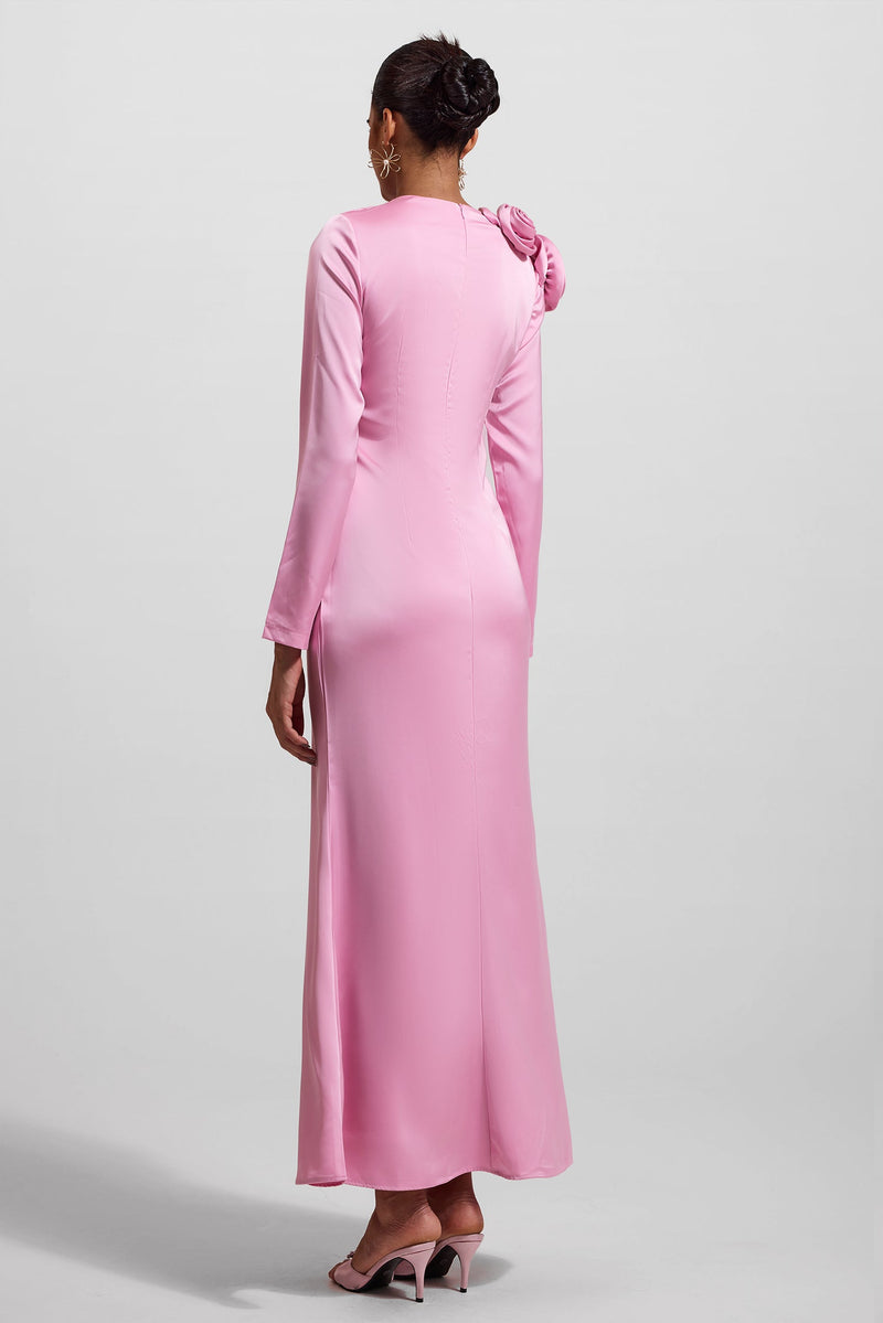 3d Satin Long Sleeve Midi Dress