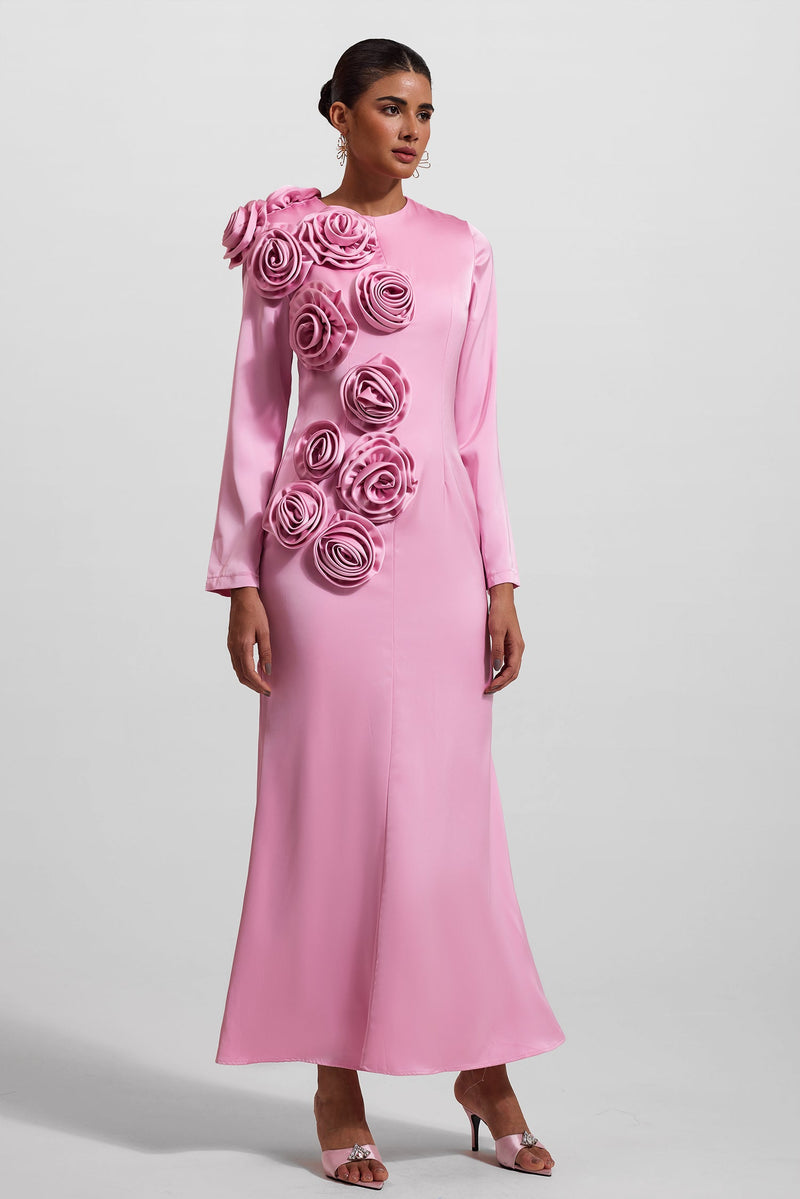 3d Satin Long Sleeve Midi Dress