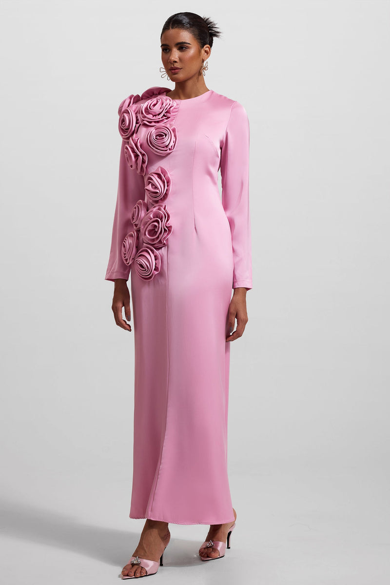 3d Satin Long Sleeve Midi Dress