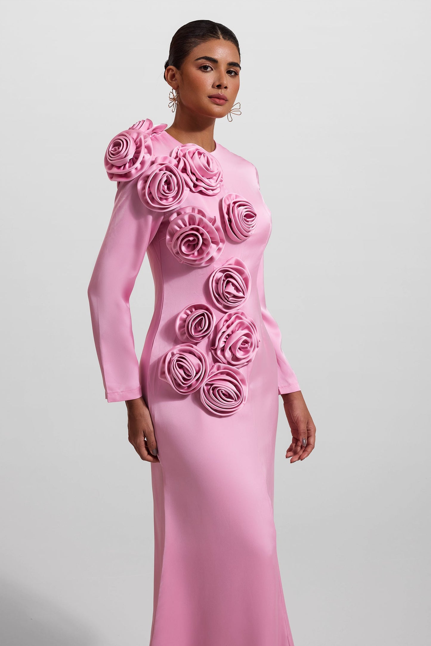 3d Satin Long Sleeve Midi Dress