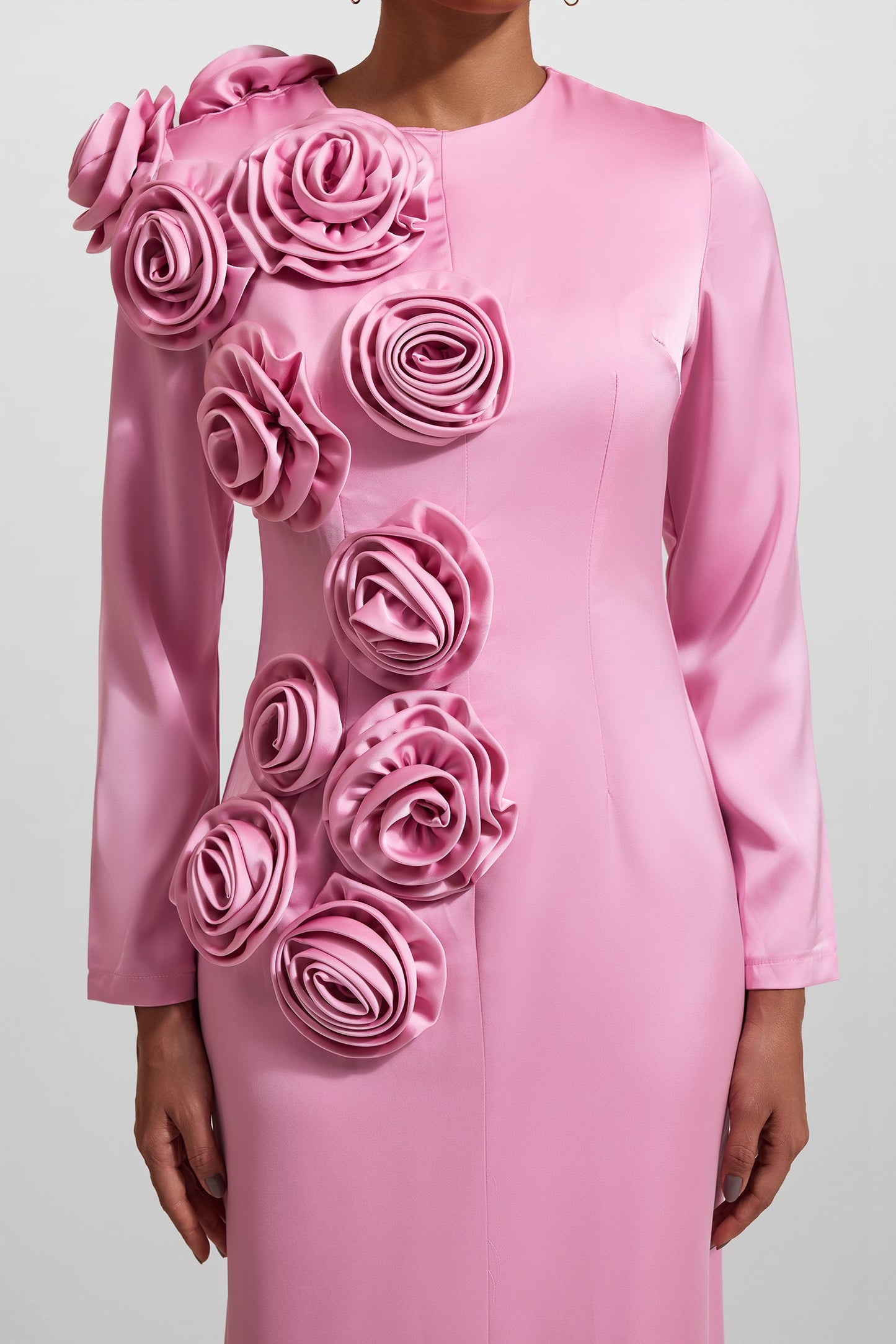 3d Satin Long Sleeve Midi Dress