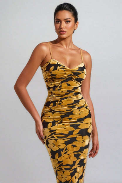 Seraphina Velvet Ruched Slip Midi Dress