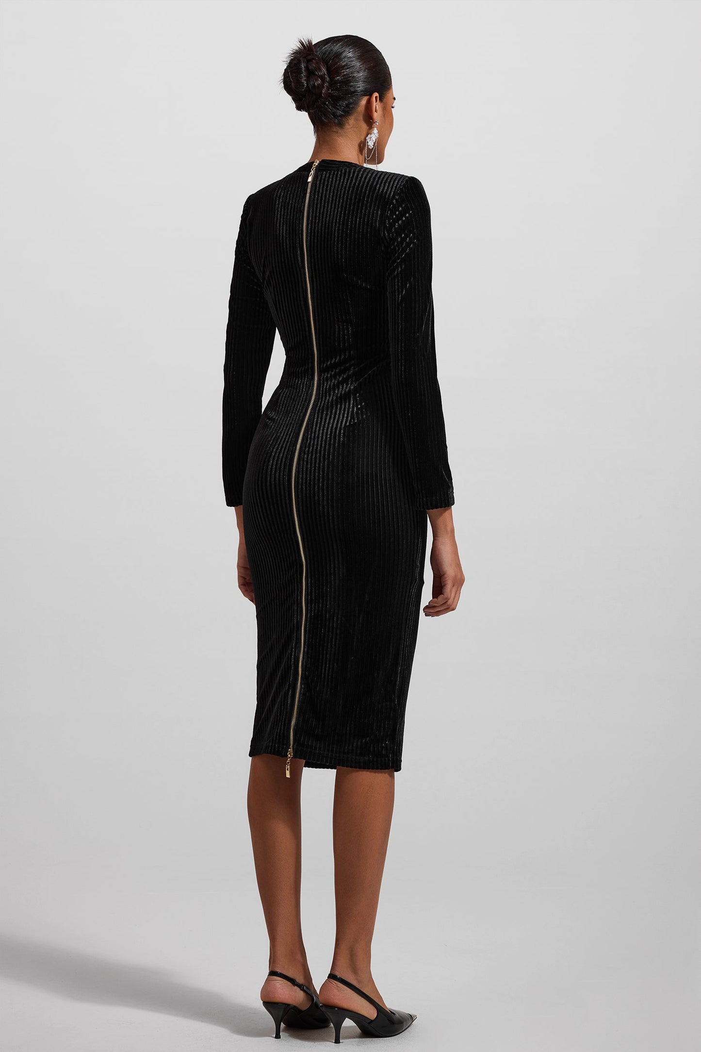 Velvet V-neck Metal Button Midi Dress