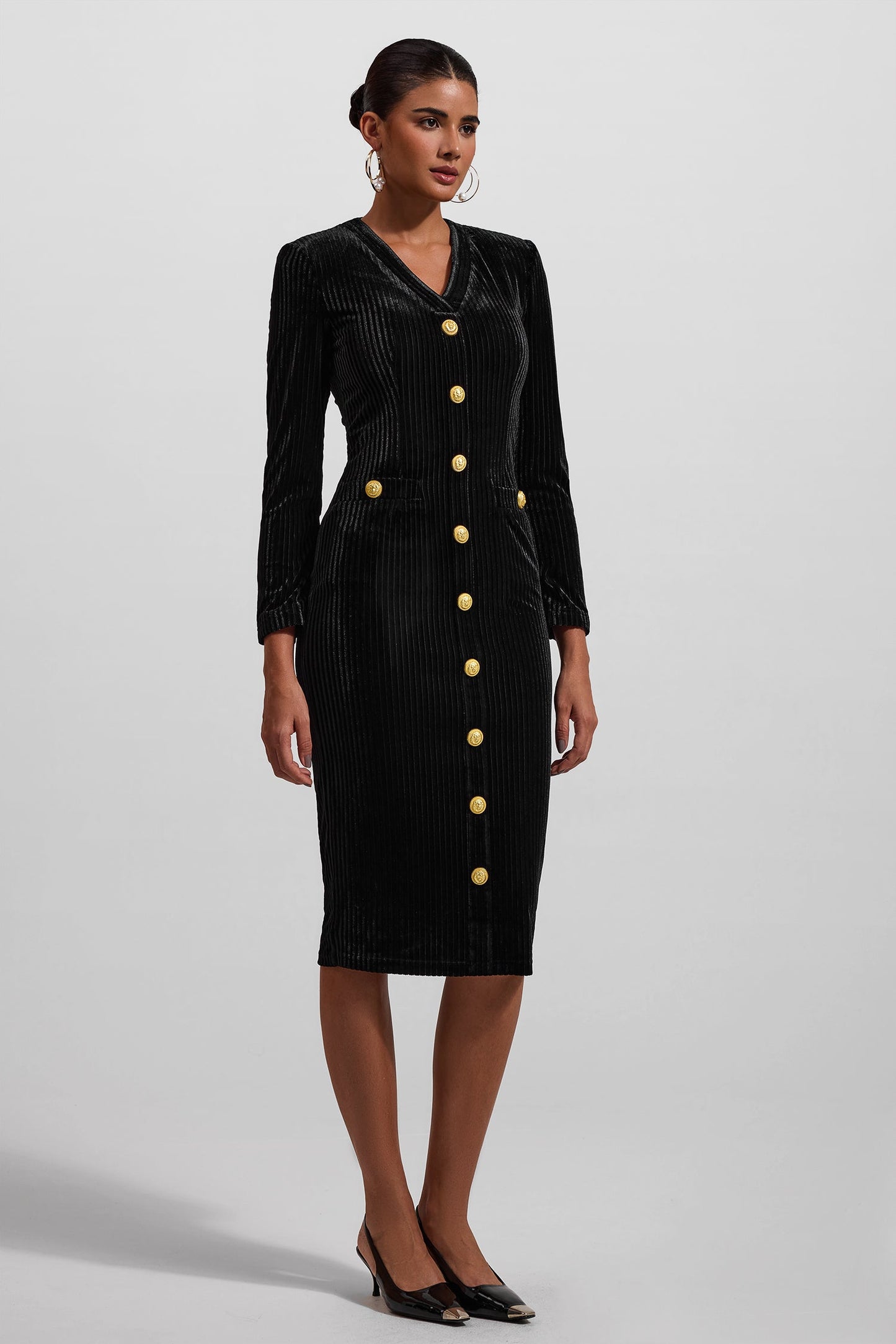Velvet V-neck Metal Button Midi Dress