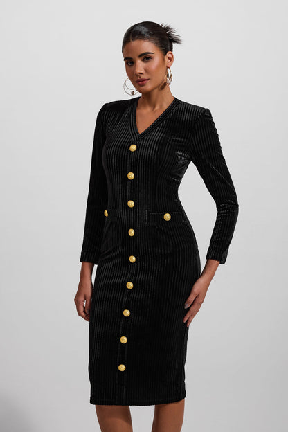 Velvet V-neck Metal Button Midi Dress