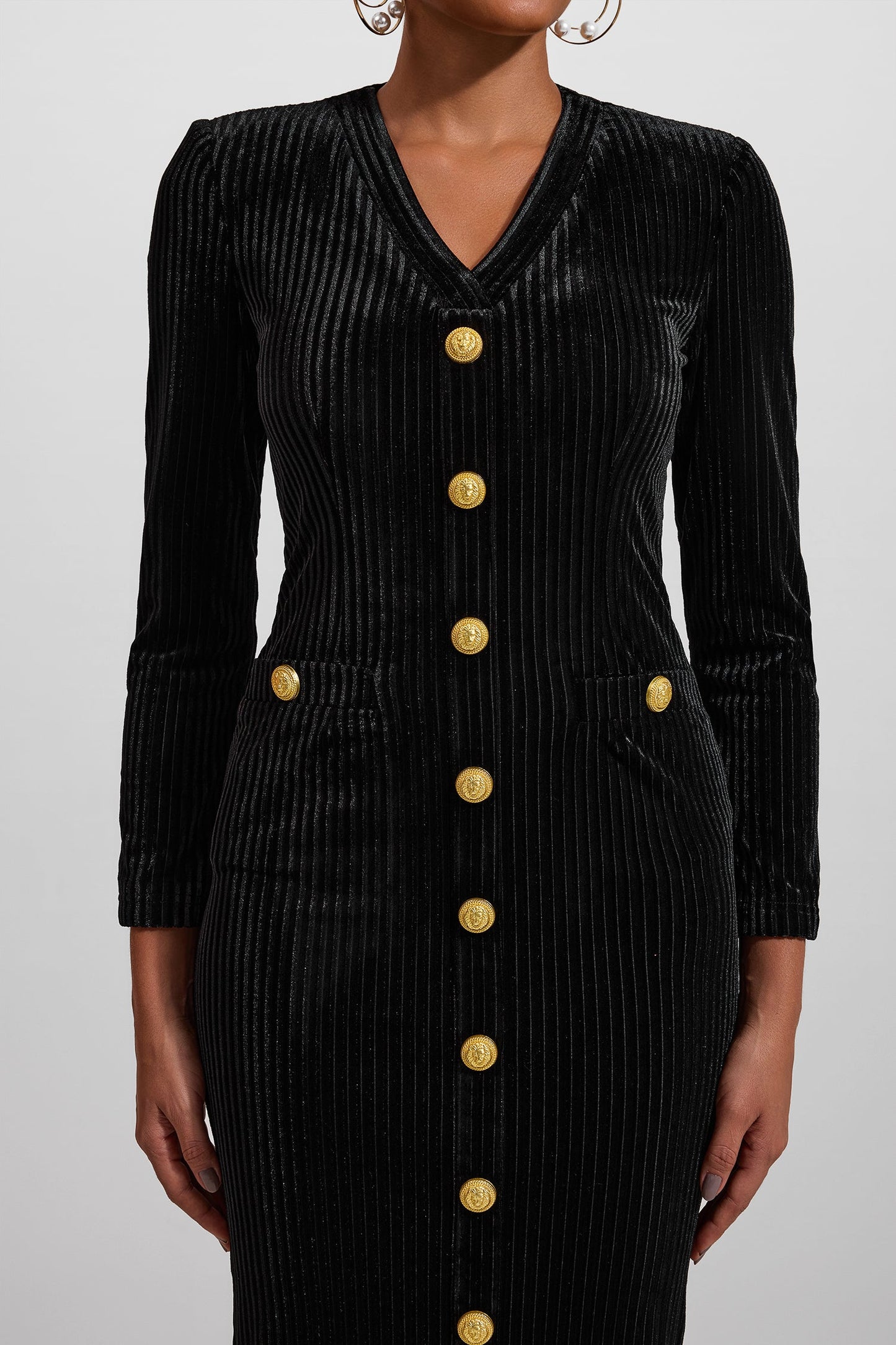 Velvet V-neck Metal Button Midi Dress