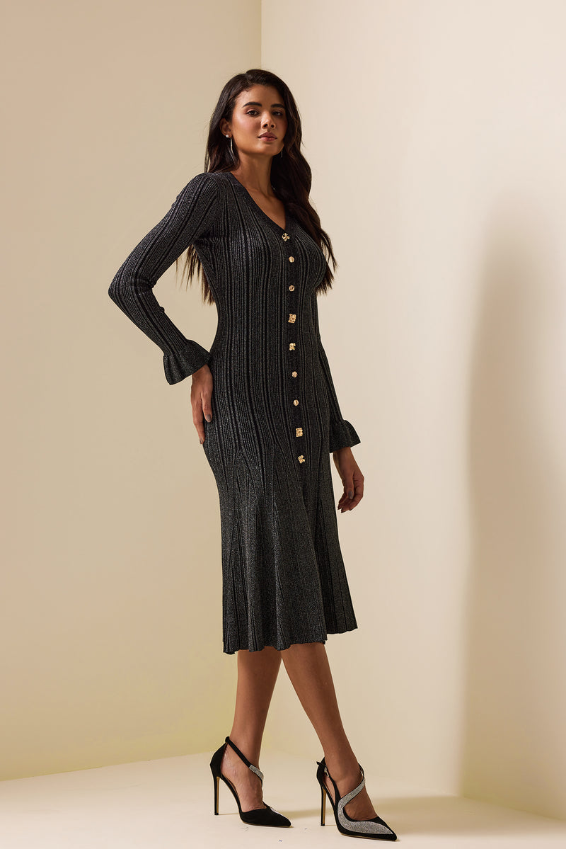 Lurex Metal Button Long Sleeve Midi Dress