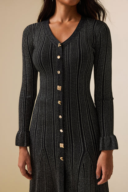 Lurex Metal Button Long Sleeve Midi Dress