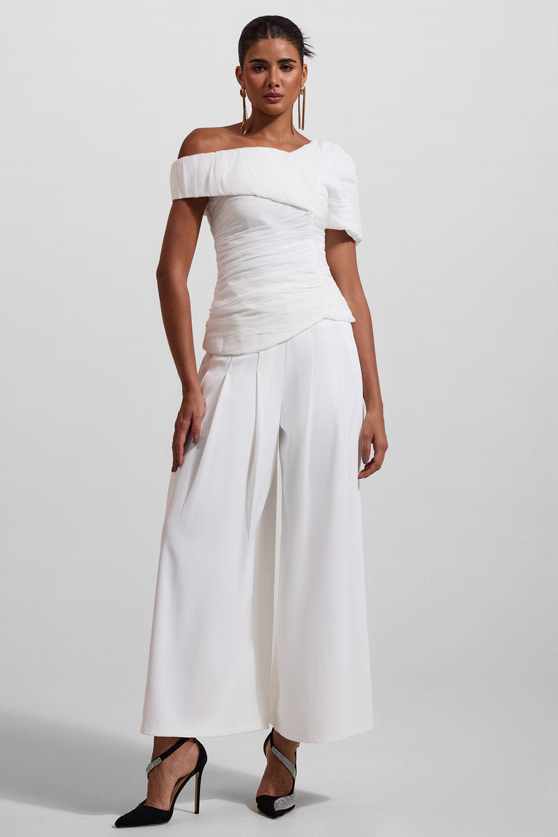 Pleated Off-shoulder Top �?high Waist Wide Leg Pants Set