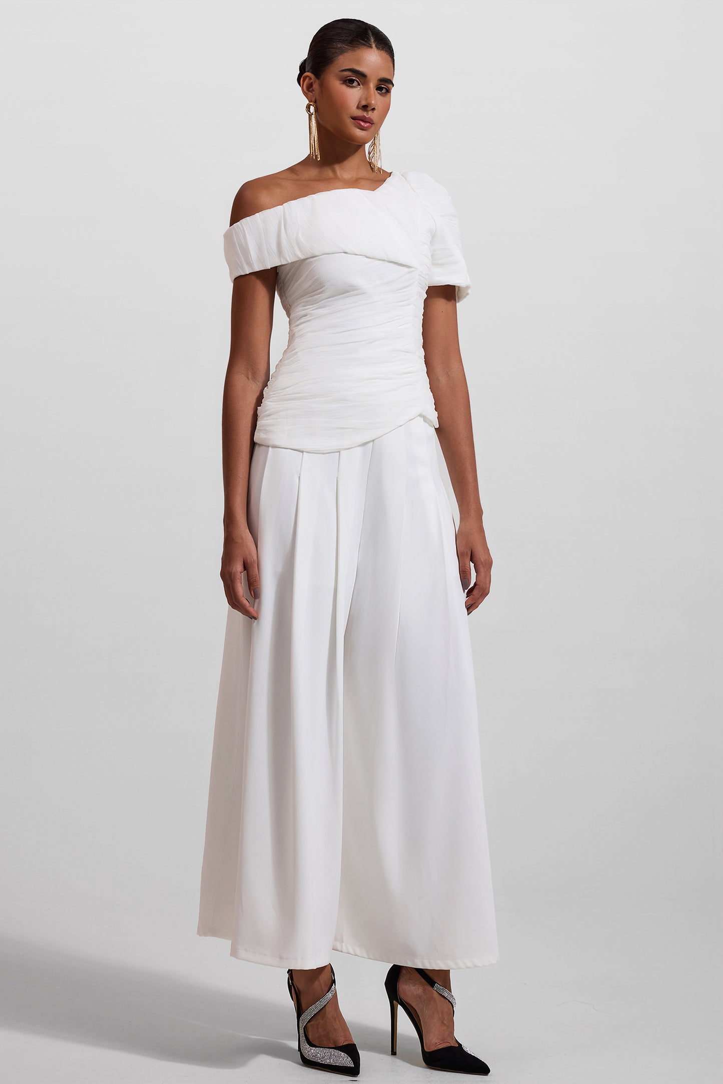 Pleated Off-shoulder Top �?high Waist Wide Leg Pants Set