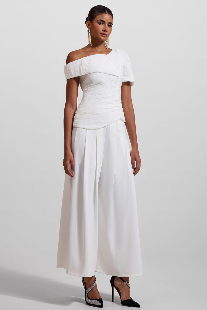 Pleated Off-shoulder Top �?high Waist Wide Leg Pants Set