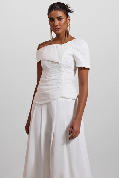 Pleated Off-shoulder Top �?high Waist Wide Leg Pants Set