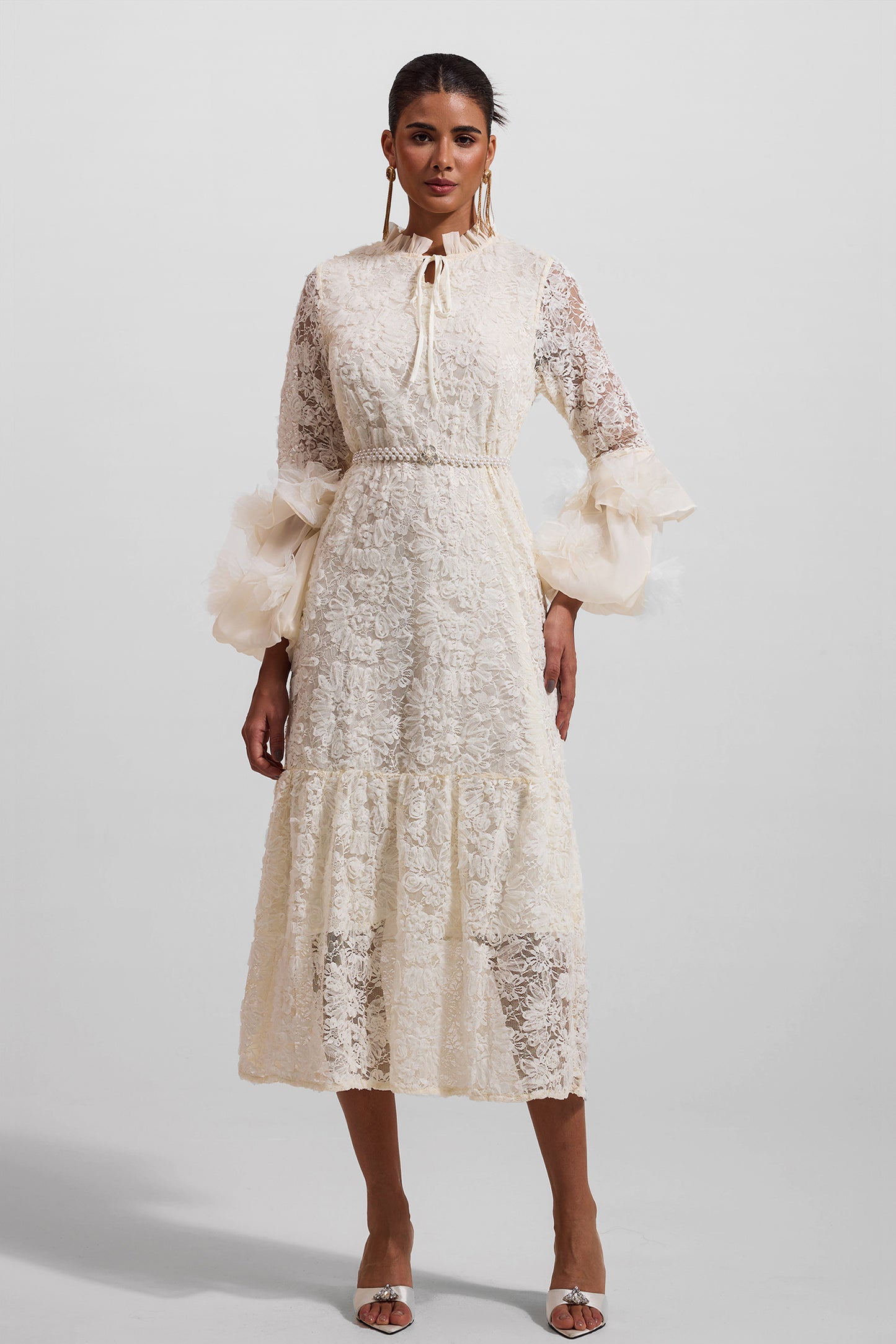 Lace 3d Midi Dress With Faux Pearl Belt