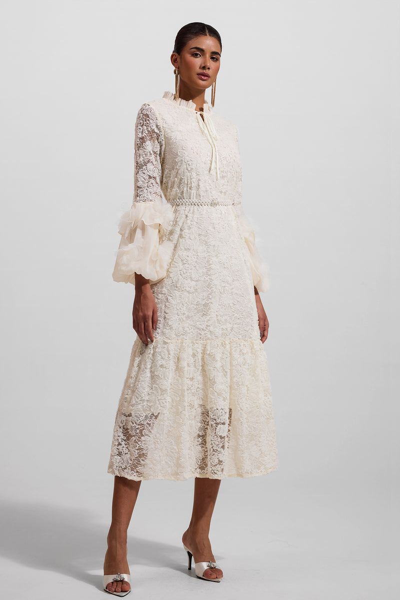 Lace 3d Midi Dress With Faux Pearl Belt