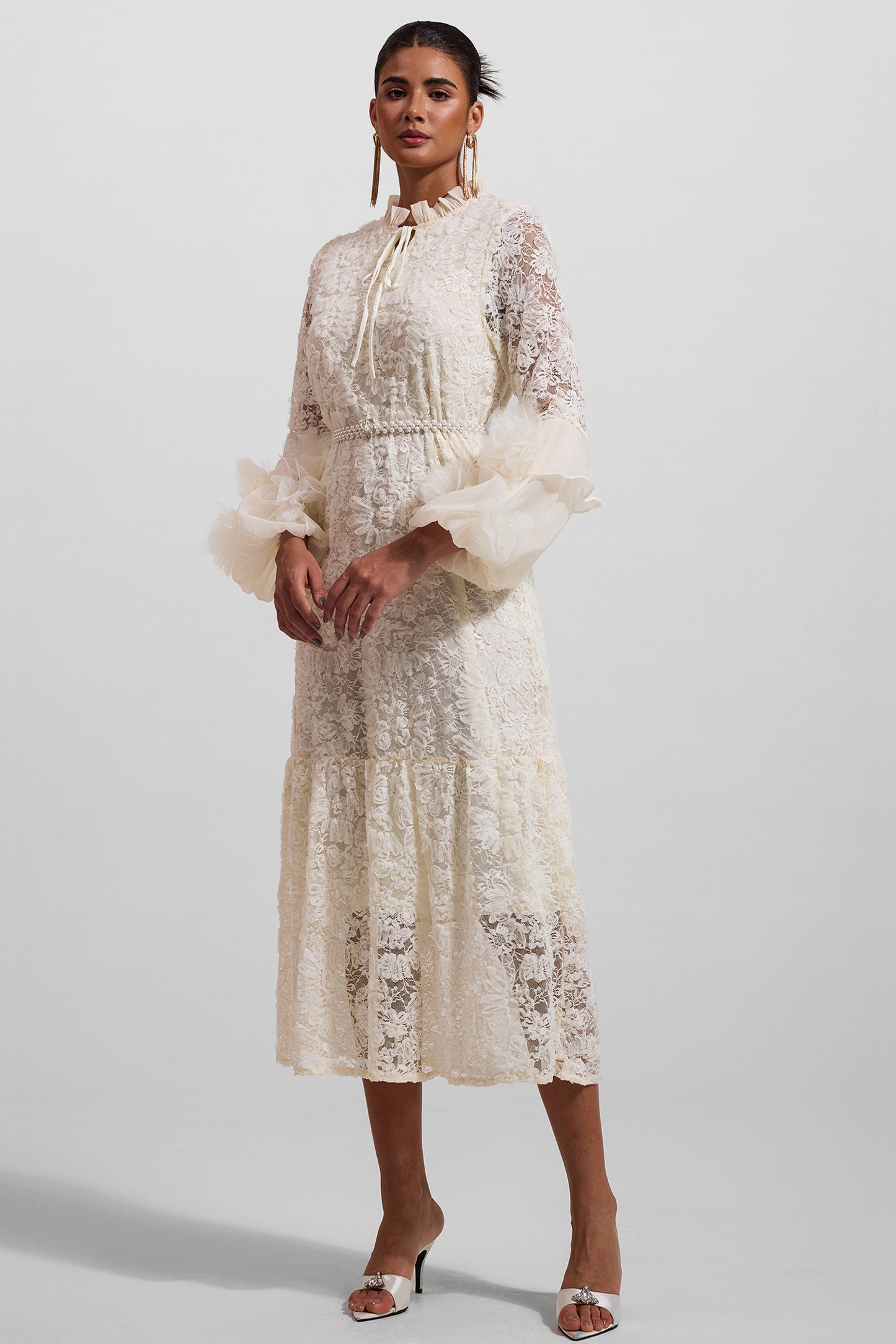 Lace 3d Midi Dress With Faux Pearl Belt