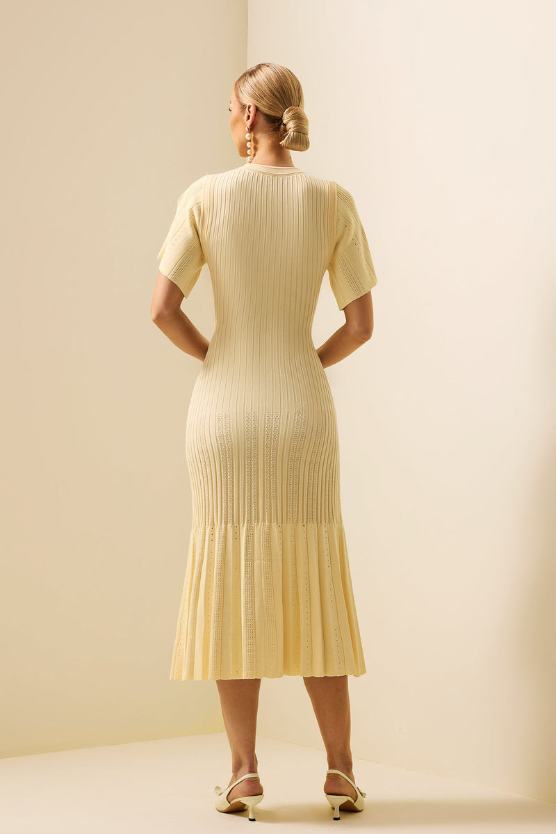 Jersey Button Splicing Midi Dress Yellow