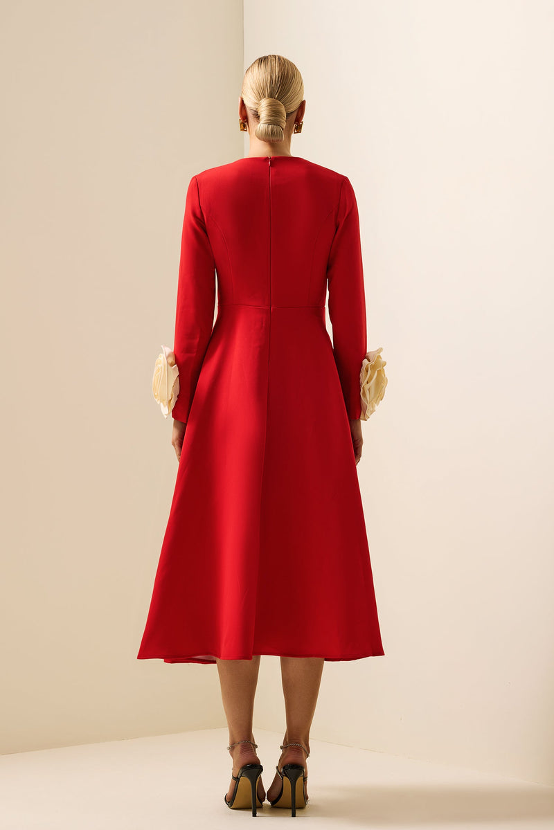 3d Flower Round Neck Long Sleeve Midi Dress