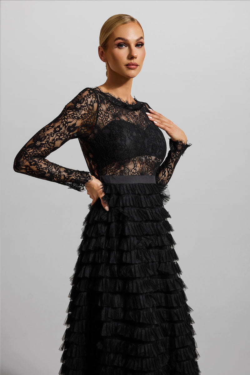 Lace Tiered Long Sleeve Midi Dress