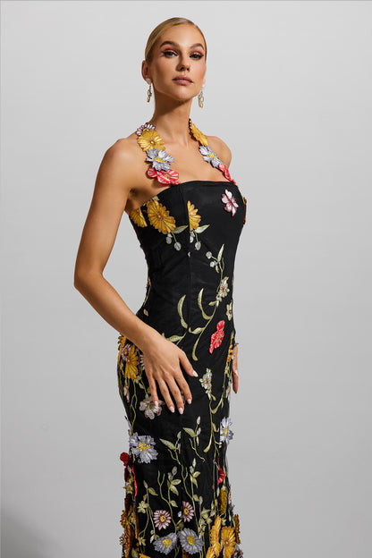 Embroidered Halter Neck Midi Dress