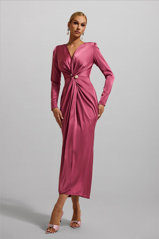 Satin Faux Pearl Knotted Midi Dress