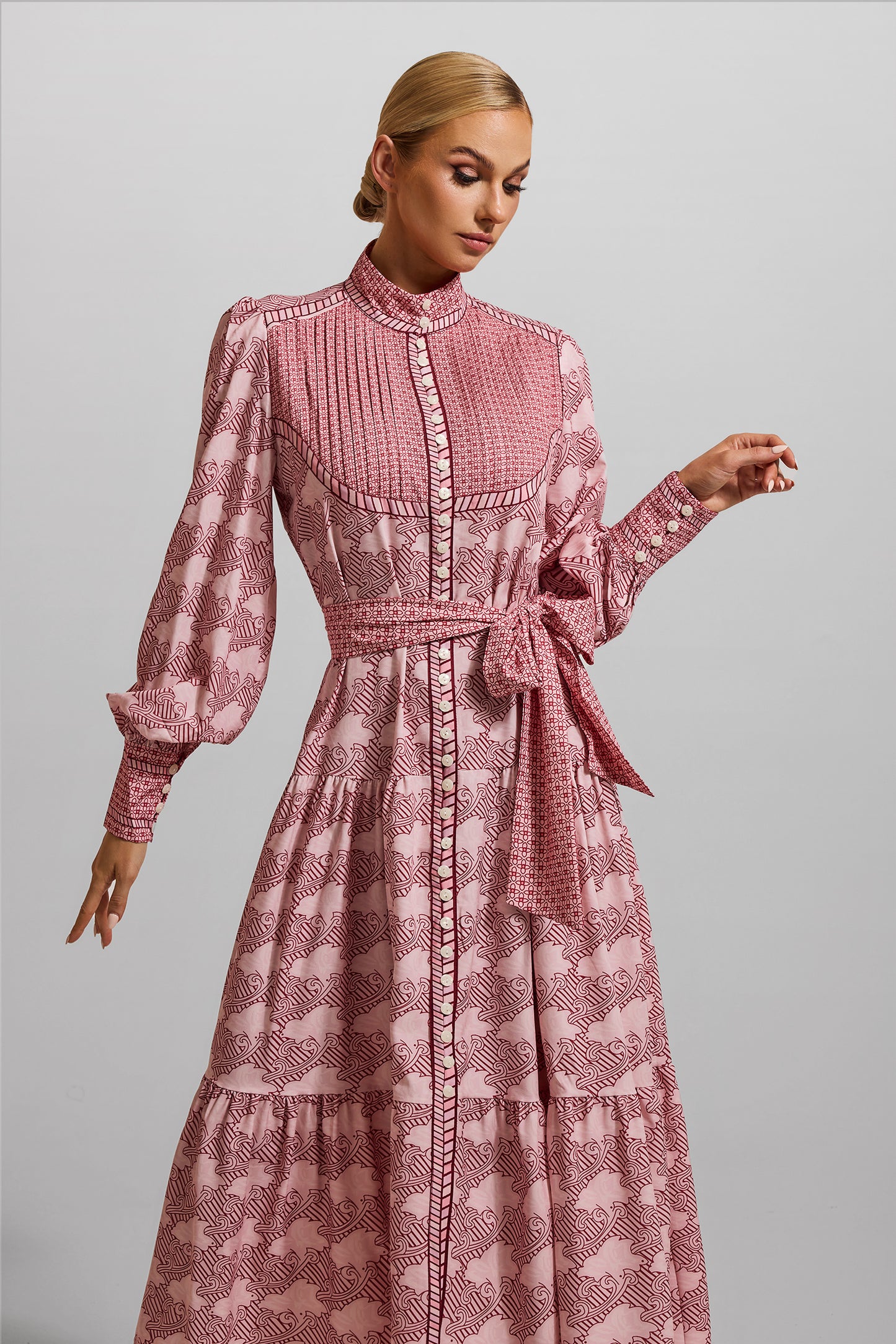 Geometric Patterns Lantern Sleeve Midi Dress With Belt