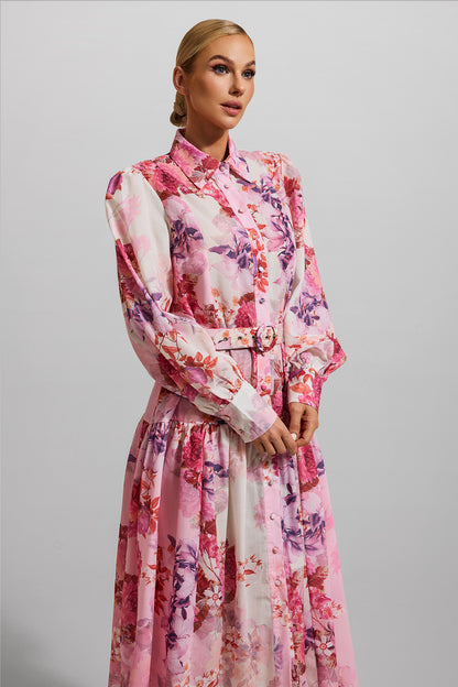 Shirt Collar Midi Dress With Belt