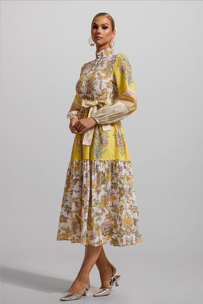 Lantern Sleeve Bottom Midi Dress With Belt