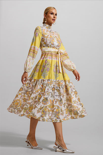 Lantern Sleeve Bottom Midi Dress With Belt