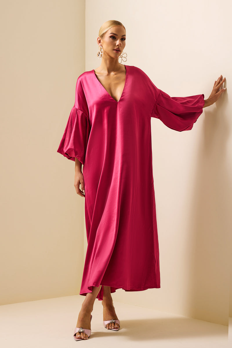 Satin Puff Sleeve V-neck Maxi Dress
