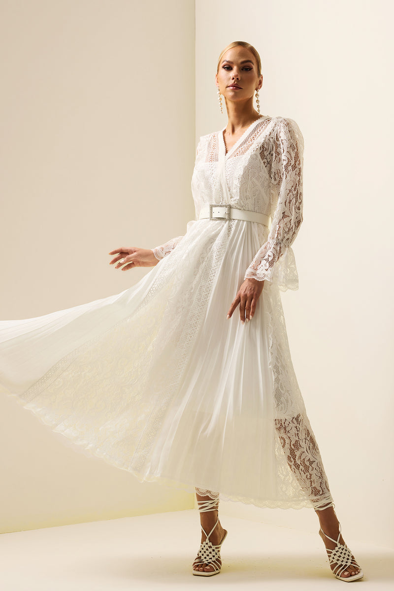 Lace Long Sleeve Midi Dress With Belt