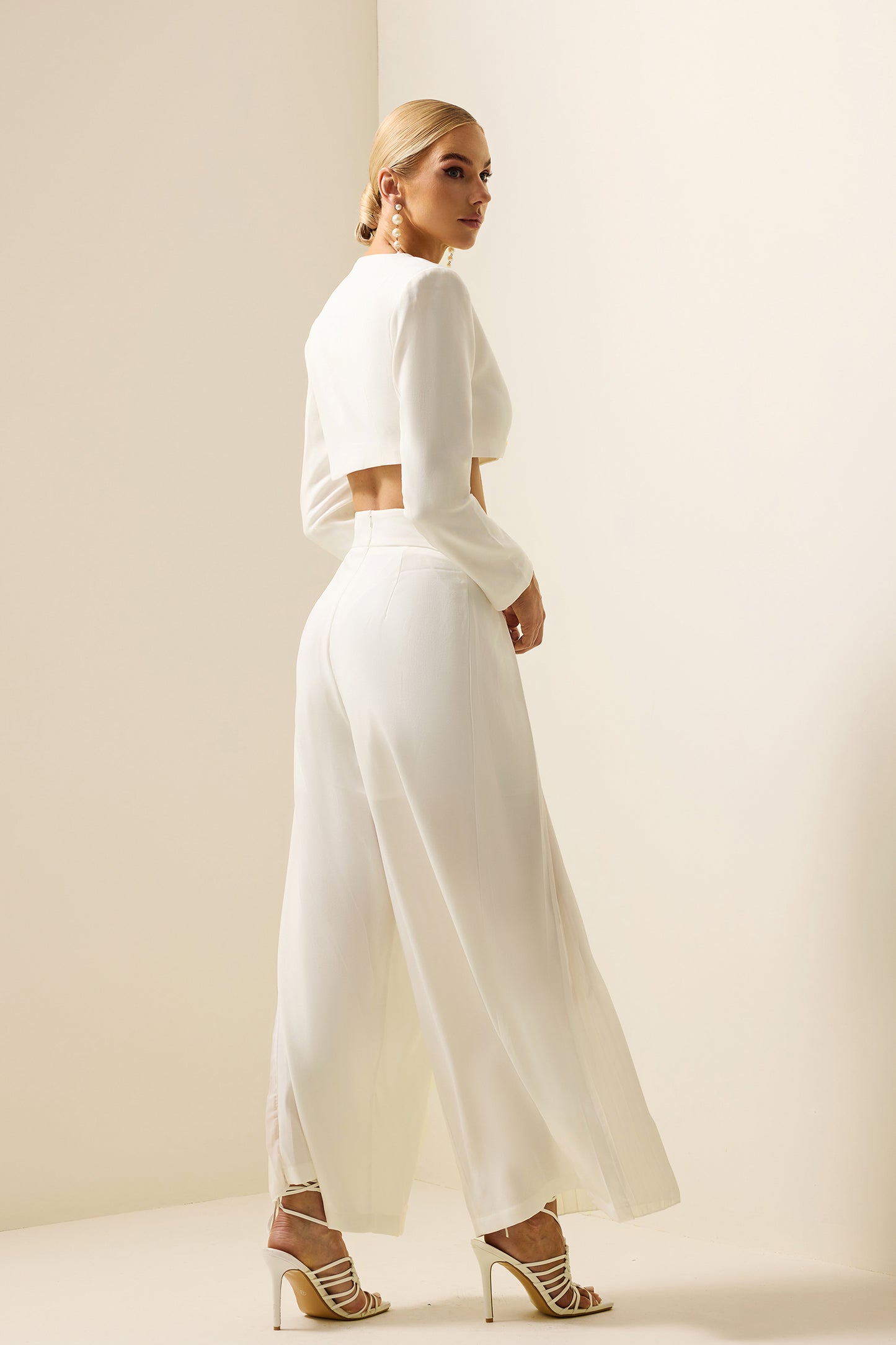 Metal Button Long Sleeve Mini Top & High Waist Pants Set