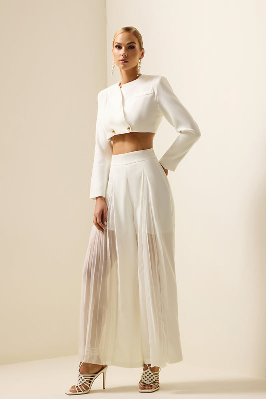 Metal Button Long Sleeve Mini Top & High Waist Pants Set