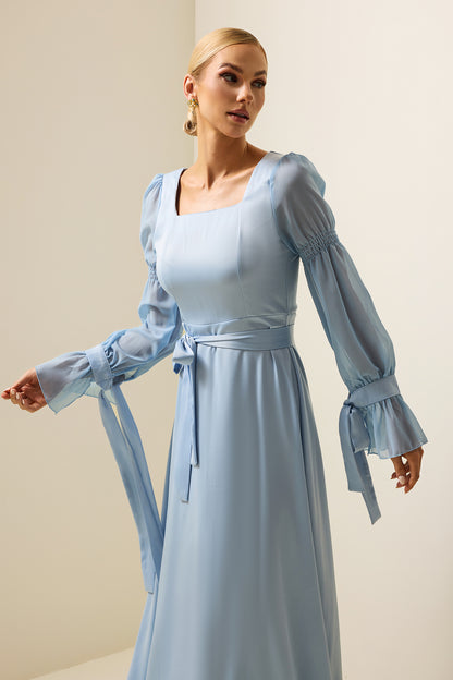 Satin Square Neck Maxi Dress With Belt