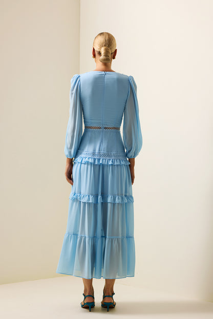 Lace V-neck Frill Midi Dress Blue