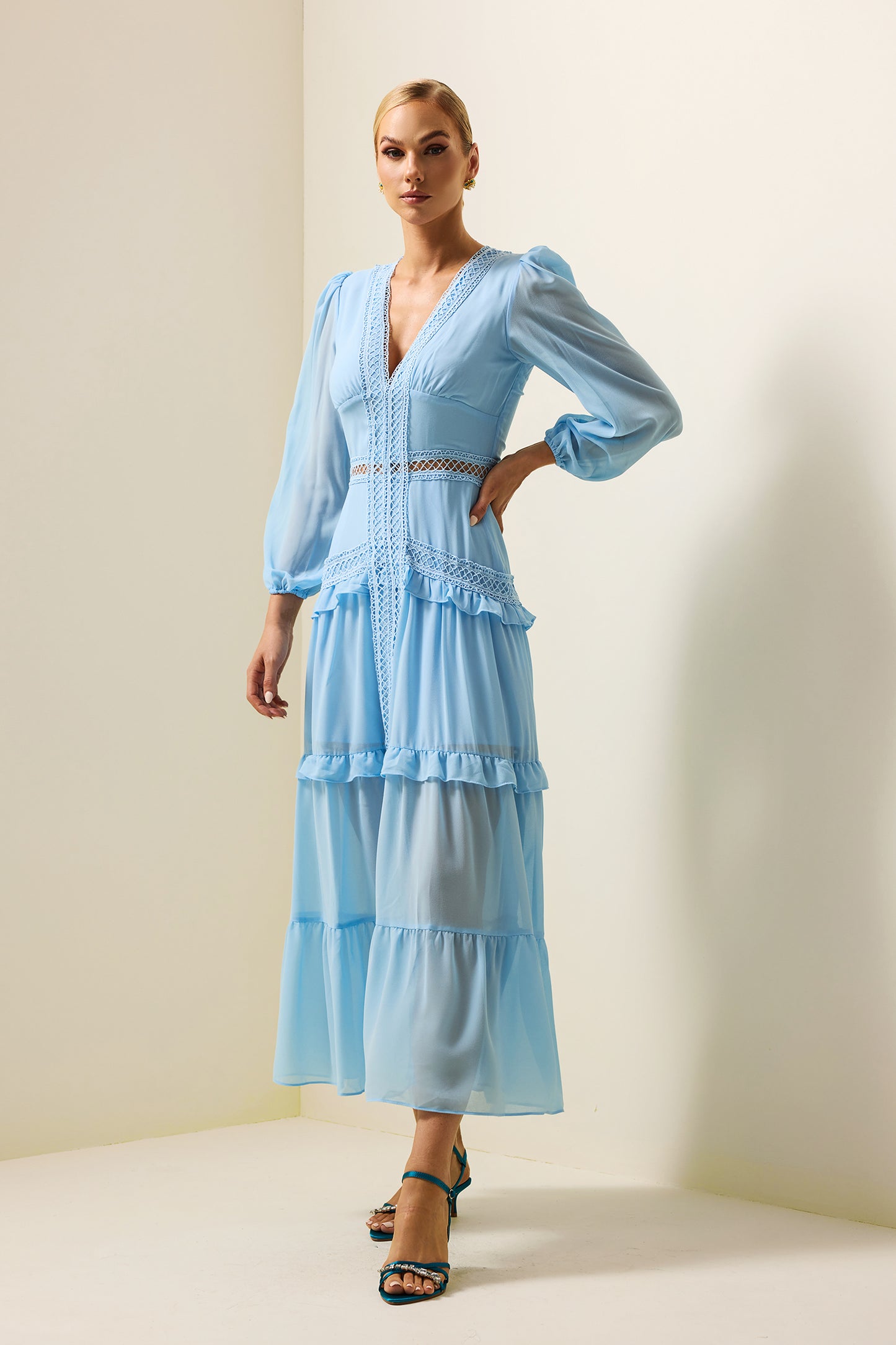 Lace V-neck Frill Midi Dress Blue
