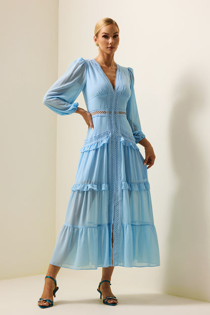 Lace V-neck Frill Midi Dress Blue