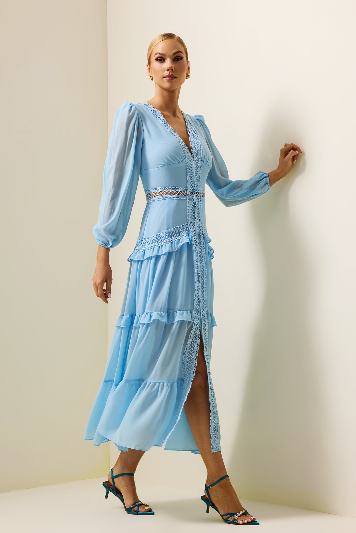 Lace V-neck Frill Midi Dress Blue