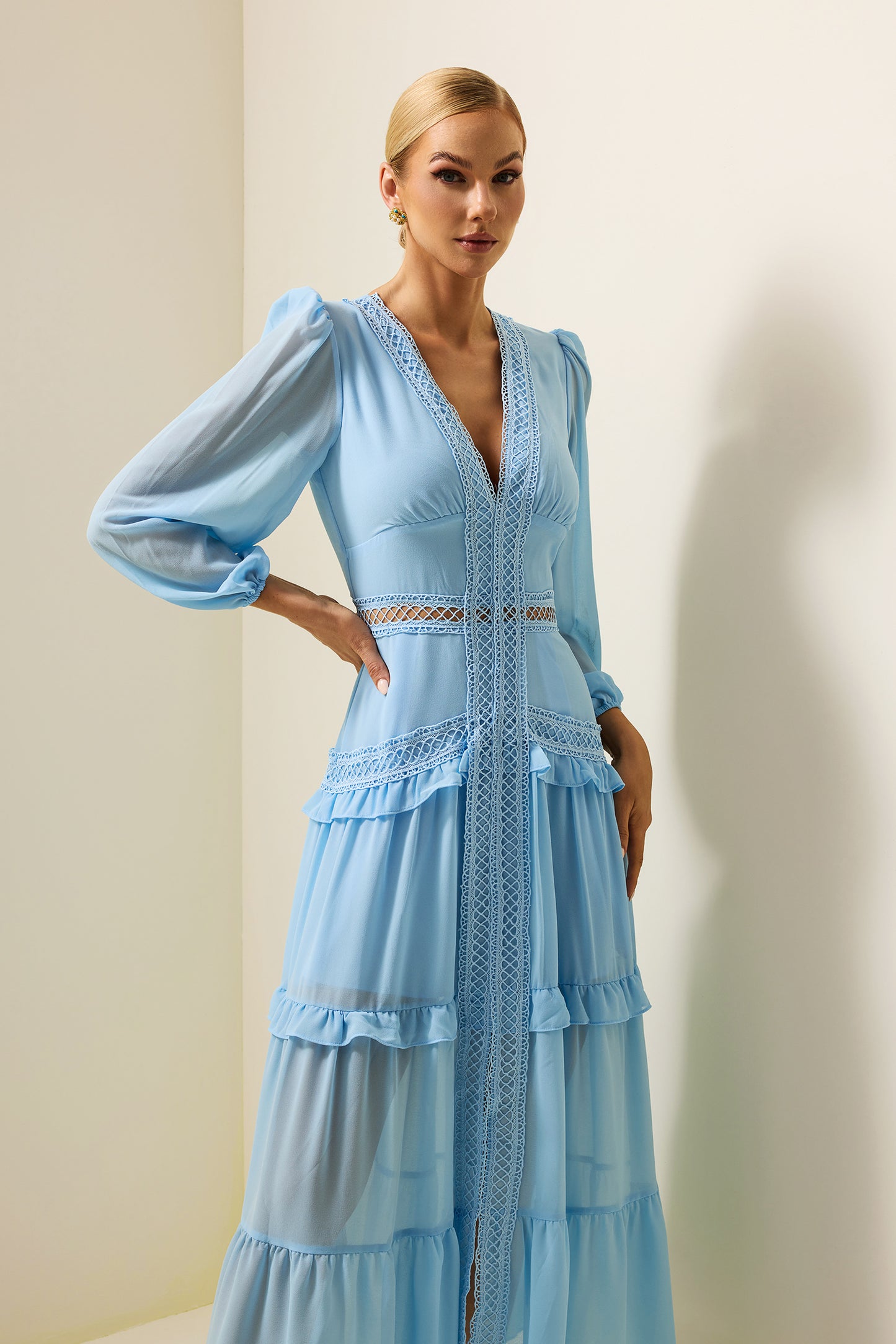 Lace V-neck Frill Midi Dress Blue