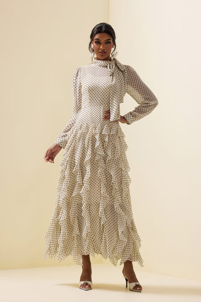 Polka Dot Frill Lace-up Midi Dress