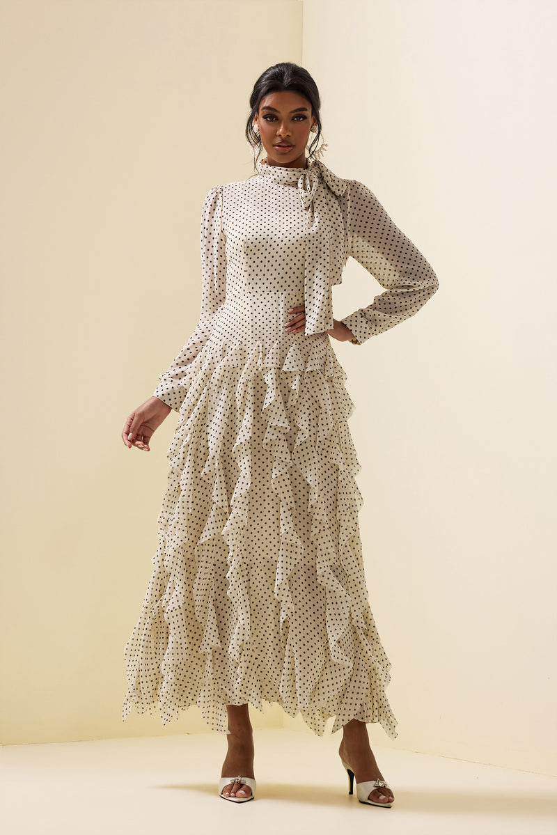 Polka Dot Frill Lace-up Midi Dress