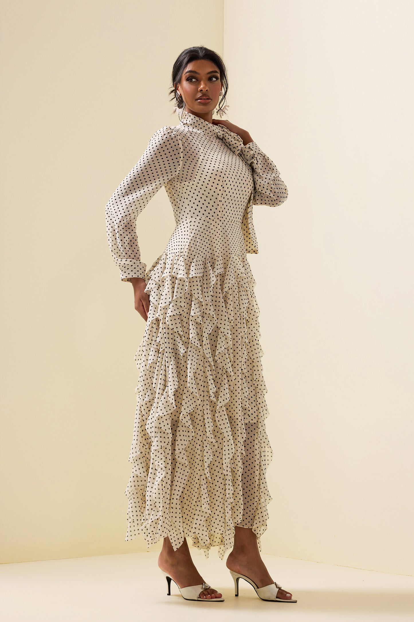 Polka Dot Frill Lace-up Midi Dress