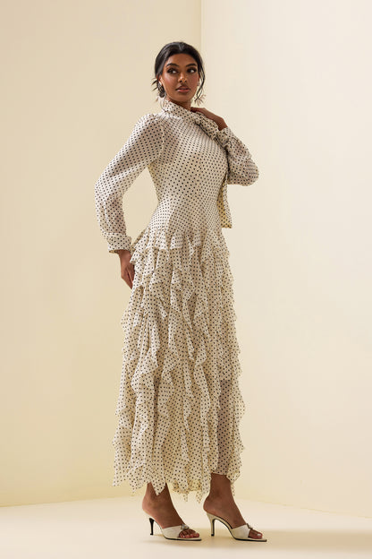 Polka Dot Frill Lace-up Midi Dress