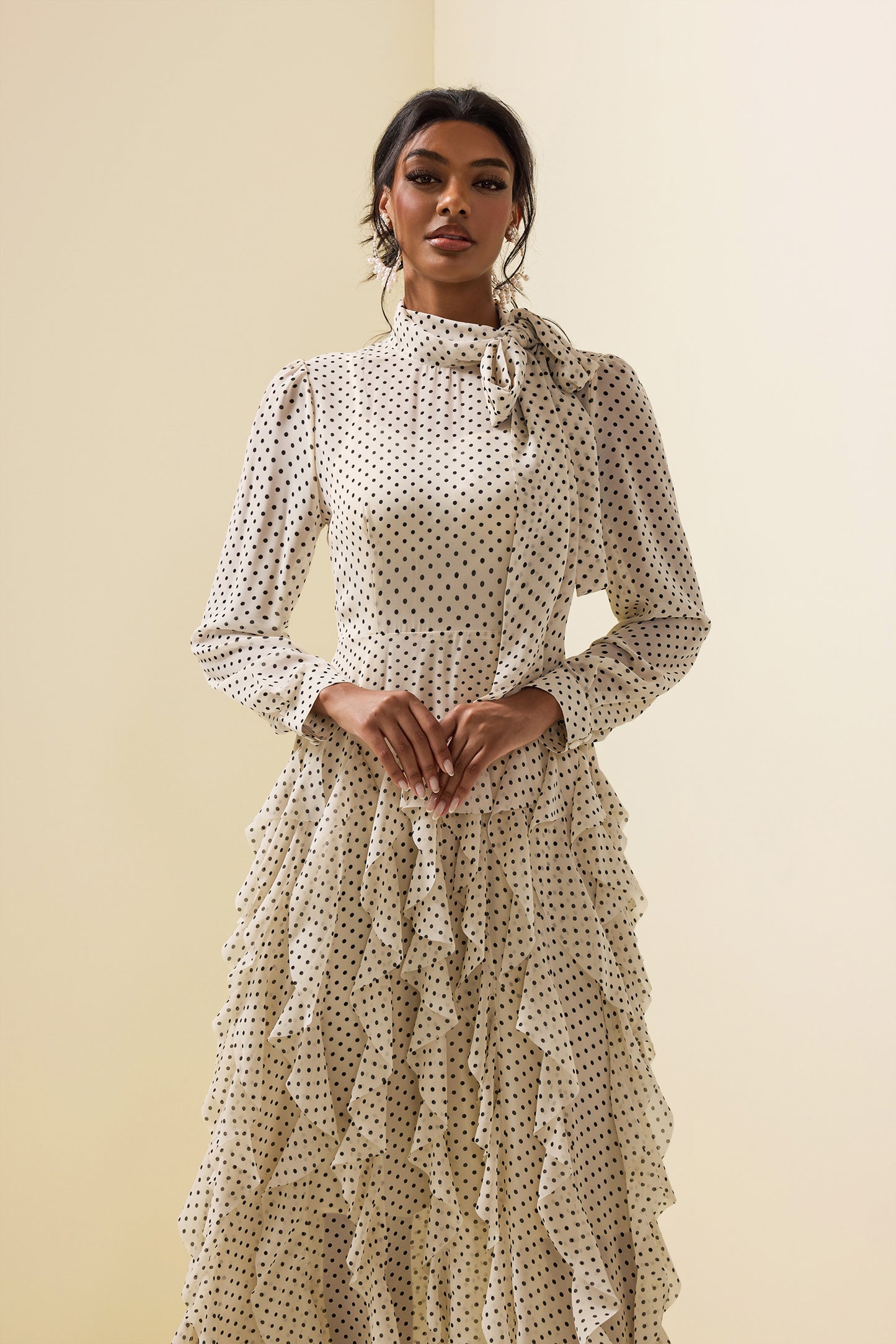 Polka Dot Frill Lace-up Midi Dress